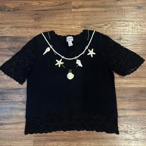 Vintage Black Sweater Crochet‎ Beaded Short Sleeve Coastal Cowgirl Retro Beach
